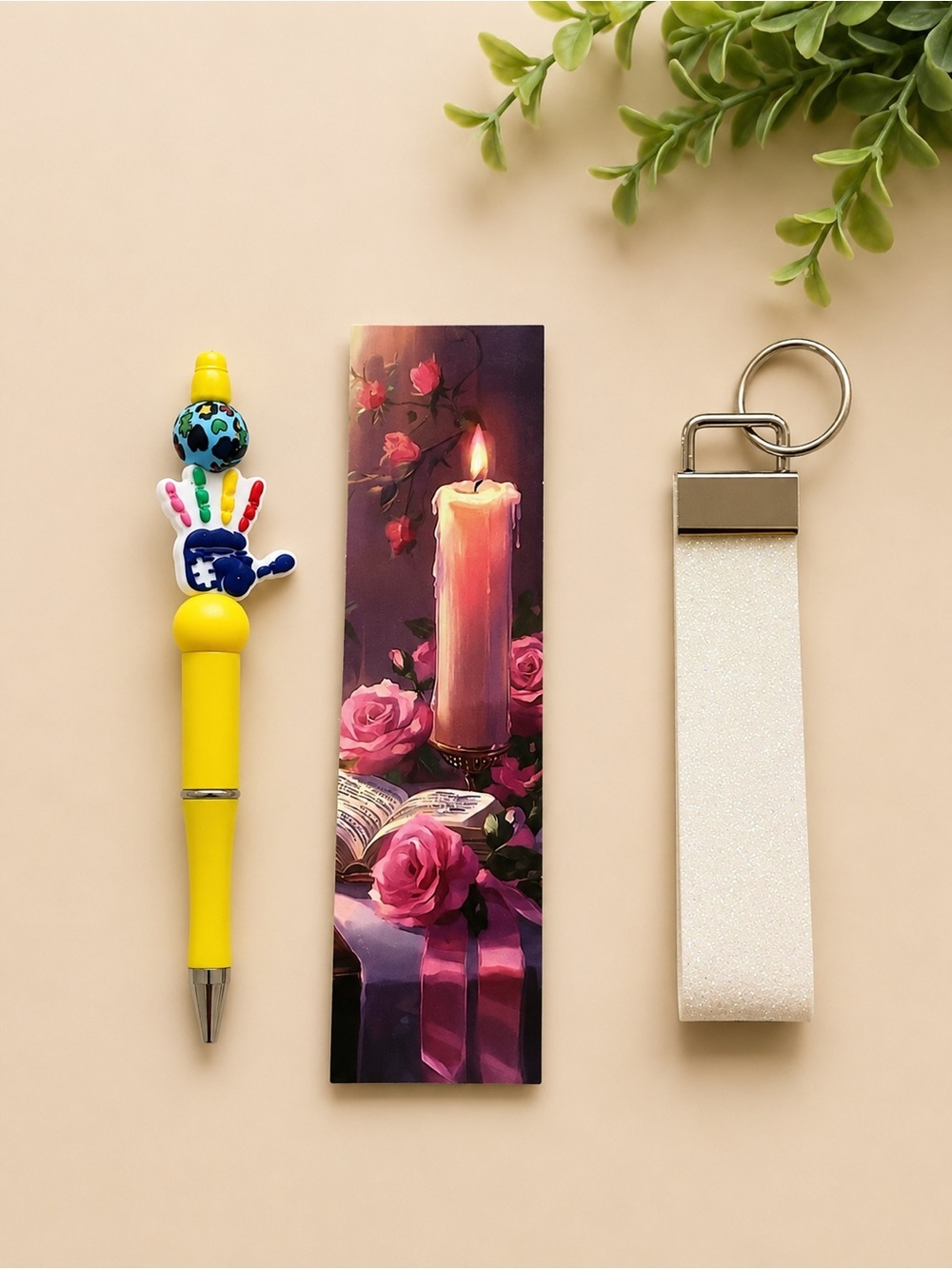 Colorful Beaded Pen Gift Set | Handprint Pen, Bookmark & Glitter Keychain